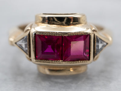 Lab-Grown Aeon Vintage Inspired Ruby Halo Three Stone Engagement Ring with  Milgrain | Angara